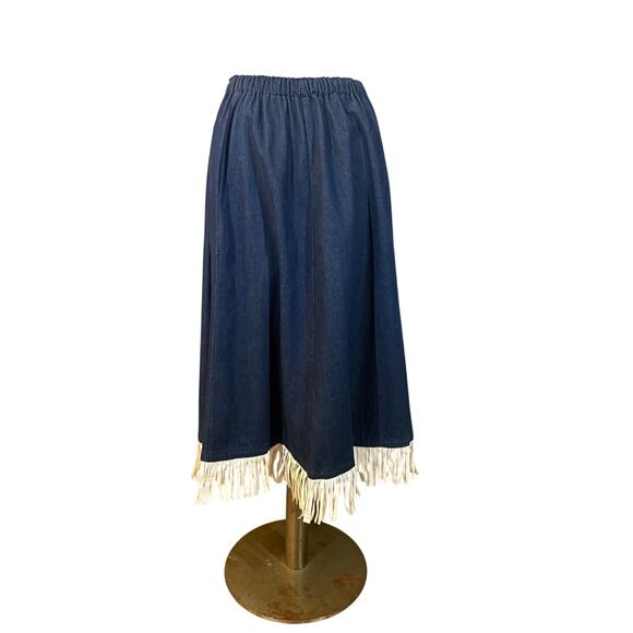 Vintage Western Dark Jean Midi Skirt Fringe Cowgirl Rockabilly M/L 1950's Pin-up - Picture 2 of 9
